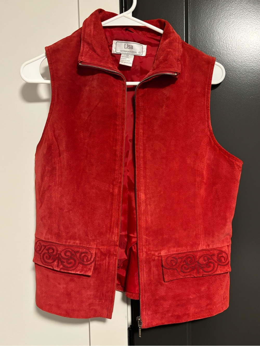 Lisa International Red Suede Sleeveless Zip Vest